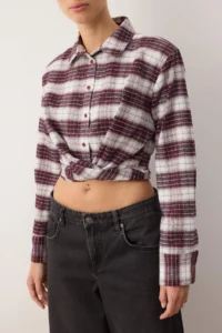 TRENDYOLMİLLA Burgundy-Multicolored Checkered Tie Back Flannel Shirt - Image 3