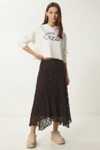 Lovelyİstanbul Lace Detailed Asymmetrical Midi Skirt  BROWN - Image 2
