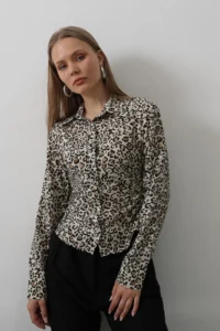 TRENDYOLMİLLA Brown Leopard Patterned Soft textured Long Sleeve Shirt - Image 2