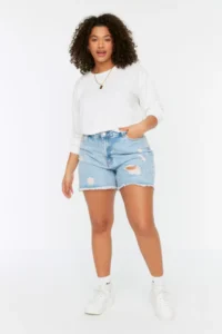 Trendyol Curve Mavi High Waist Destroylu 100% Cotton Plus Size denim Shorts & Bermuda - Image 3