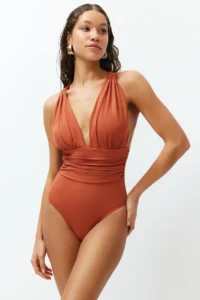 TRENDYOLMİLLA Brick Rejection Drapeli Deep V-neck Covered Regular Swimsuit - Image 2