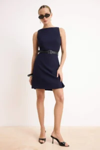 TRENDYOLMİLLA Wardrope Essentials Navy Blue Arched A Cut Mini Flexible Weaving Dress - Image 2