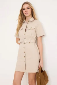 TRENDYOLMiLLA Beige Arched Mini Gabardine Weaving Shirt Dress - Image 2