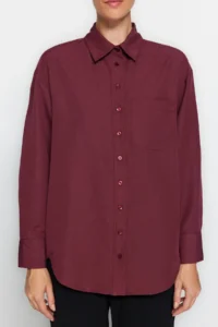 TRENDYOLMİLLA Dark Burgundy Single with pocket Boyfriend/Wide Pattern Cotton Weaving Shirt - Image 5