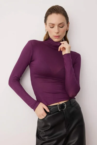 TRENDYOLMİLLA Purple Transparan Dog collar Flexible Normal Size Knitting Blouse