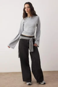 TRENDYOLMİLLA Gray Spanish Arm Gathering Detailed Regular/Normal Pattern Knitting Blouse - Image 2