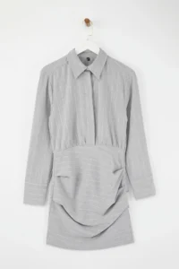 TRENDYOLMİLLA Gray Striped polyviscone Drape Detailed Fitted Mini Weaving Dress - Image 5