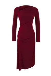 TRENDYOLMİLLA Burgundy Asymmetric Collar Gather detailed Midi bodycon Flexible Knitting Dress - Image 5