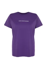 Trendyol Curve Purple relaxed Fit Slogan Printed Crew Neck 100% Cotton Knitting Plus Size T-Shirt - Image 7