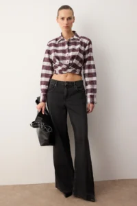 TRENDYOLMİLLA Burgundy-Multicolored Checkered Tie Back Flannel Shirt - Image 2