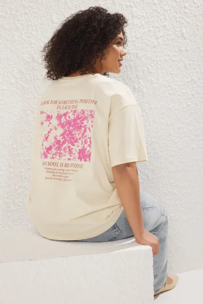 Trendyol Curve Beige Oversized Fit 100% Cotton Front and Back Printed Knitting Plus Size T-Shirt