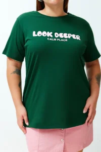 Trendyol Curve dark Green Slogan Printed relaxed 100% Cotton Knitting Plus Size T-Shirt - Image 5