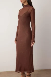 TRENDYOLMİLLA Light Brown Shiny Stoned Tulle Evening Gown Gece Graduation Dress - Image 3