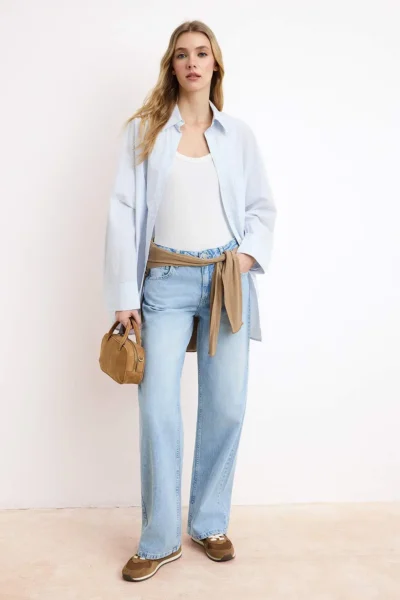 TRENDYOLMİLLA Mavi Flowy Regular Waist 100% Cotton LONG Size Wide Leg jeans