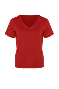 Trendyol Curve Red V-neck Basic 100% Cotton Knitting T-Shirt - Image 6