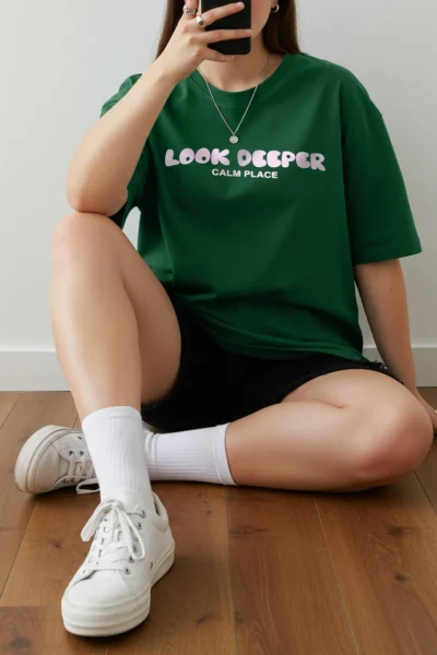 Trendyol Curve dark Green Slogan Printed relaxed 100% Cotton Knitting Plus Size T-Shirt
