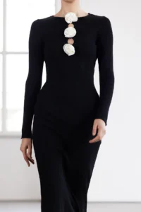 TRENDYOLMİLLA Black Maxi Premium/Special Yarn Knitwear Rose Detailed LONG Dress - Image 4