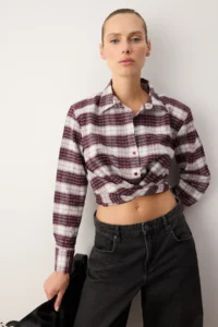 TRENDYOLMİLLA Burgundy-Multicolored Checkered Tie Back Flannel Shirt