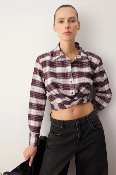 TRENDYOLMİLLA Burgundy-Multicolored Checkered Tie Back Flannel Shirt