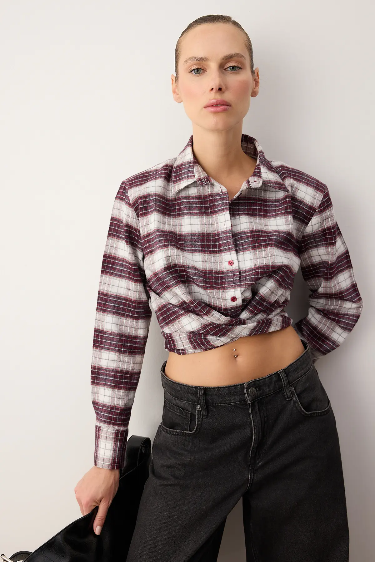 TRENDYOLMİLLA Burgundy-Multicolored Checkered Tie Back Flannel Shirt