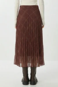 Lovelyİstanbul Patterned Pleated Midi Chiffon Skirt  BROWN KHAKI - Image 4