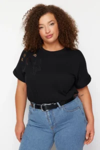 Trendyol Curve Black embroidery Detailed Basic 100% Cotton Knitting T-Shirt - Image 4