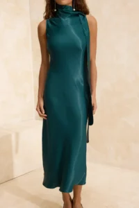 TRENDYOLMİLLA Emerald Green Scarf Detailed Satin Midi Elegant/Evening Dress - Image 3