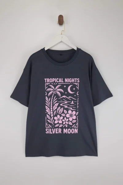 Trendyol Curve Anthracite 100% single jersey Printed Oversized/Rahat Cut Knitting Plus Size T-Shirt