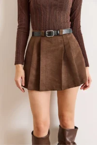Olalook Women's Brown Belted Pleated Suede Mini Skirt with Shorts - Image 4
