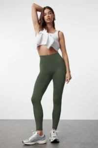 TRENDYOLMİLLA Khaki Wide Waist Elastic Extra Shaping Full Size Knitting Sports Leggings - Image 2
