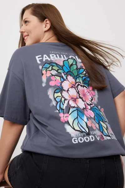 Trendyol Curve Anthracite Oversized Fit 100% Cotton Front and Back Printed Knitting Plus Size T-Shirt