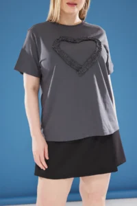 Trendyol Curve Anthracite Front Frilly Heart Detailed Relaxed Fit Plus Size T-Shirt - Image 4