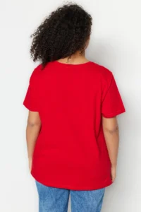 Trendyol Curve Red relaxed Fit Slogan Printed Crew Neck 100% Cotton Knitting Plus Size T-Shirt - Image 6