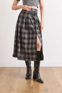 Olalook Women's Anthracite Plaid Pleated Double Buckle Slit Skirt - Image 6