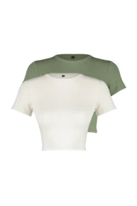 TRENDYOLMİLLA Khaki-Open Stone 2 Sets Package Crop Viscous/Soft Material Flexible Knitting Blouse - Image 6