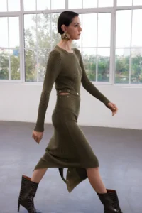 TRENDYOLMİLLA Khaki Mercerized Look Midi Knitwear Snap Button Detailed LONG Dress - Image 3