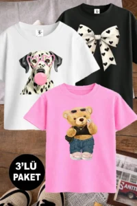 twins tailors Kurdale Teddy Bear and Dog Printed 3-Pack Black-White-Pink Girls' T-Shirt
