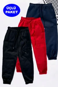 twins tailors Elasticized Leg Fleece Inside Unprinted Pack of 3 Unisex Black-Red-Navy Blue Children's Sweatpants