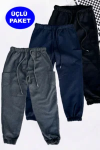 twins tailors Elasticized Leg Fleece Inside Unprinted Pack of 3 Unisex Navy Blue-Black-Anthracite Children's Sweatpants