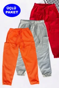 twins tailors Elasticized Fleece Inside Unprinted Pack of 3 Unisex Red-Grey-Orange Children's Sweatpants