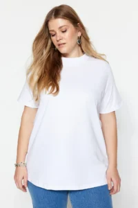 Trendyol Curve White Navy Blue Ribbed relaxed 100% Cotton Knitting T-Shirt - Image 2