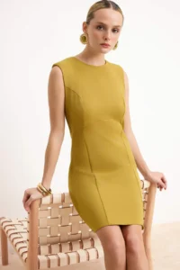 TRENDYOLMİLLA Oil Green padded Plain Sleeveless Mini Flexible Weaving Dress - Image 2