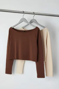 Trendyol Curve Brown-Beige 2 Sets Paket 100% Cotton Asymmetric Boat Neck Crop Knitting T-Shirt - Image 8