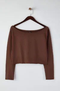 Trendyol Curve Brown-Beige 2 Sets Paket 100% Cotton Asymmetric Boat Neck Crop Knitting T-Shirt - Image 9