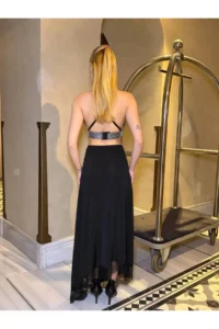 Cool & Sexy Women's Sandy Fabric Lace Detailed Slit Long Black Skirt - Image 3