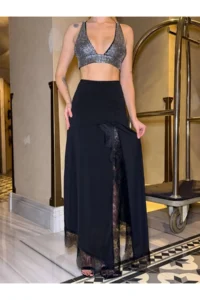 Cool & Sexy Women's Sandy Fabric Lace Detailed Slit Long Black Skirt - Image 7