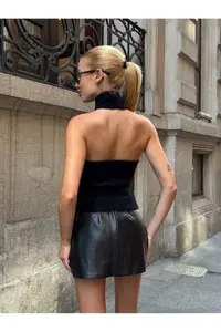 Cool & Sexy Women Back Light Turtleneck soft Crop Blouse - Image 2