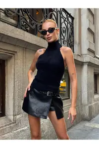 Cool & Sexy Women Back Light Turtleneck soft Crop Blouse - Image 3
