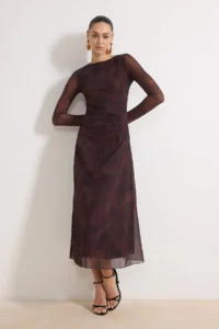 TRENDYOLMİLLA Brown Abstract Ruffle / Drape Maxi Knitting Dress - Image 2