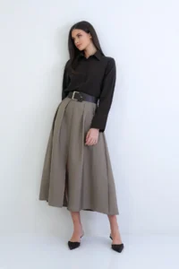 Trend Alaçatı Stili Women's Khaki Thick Belted Zipper Slit Detailed Pleated Midi Length Taffeta Skirt Alc-X15258 - Image 2